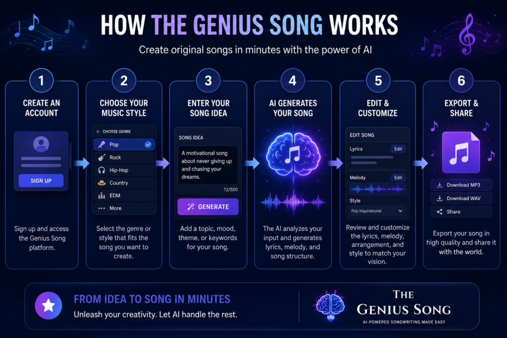 Step-by-step infographic showing how The Genius Song AI generates and customizes songs from user prompts