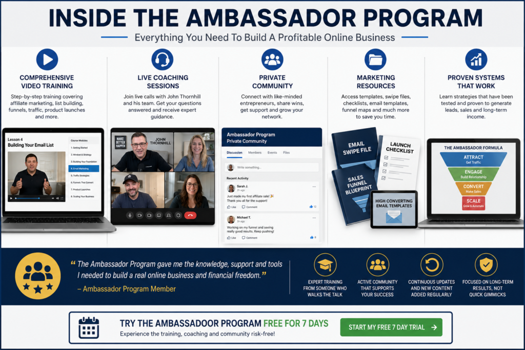 Inside the John Thornhill Ambassador Program featuring video training, live coaching, private community, marketing resources, and business-building tools.