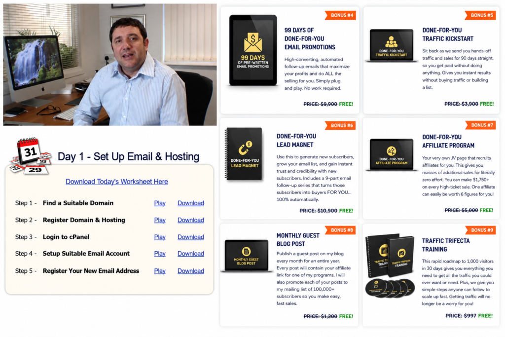 John Thornhill Ambassador Program training dashboard featuring step-by-step lessons, email and hosting setup, and exclusive member bonuses.