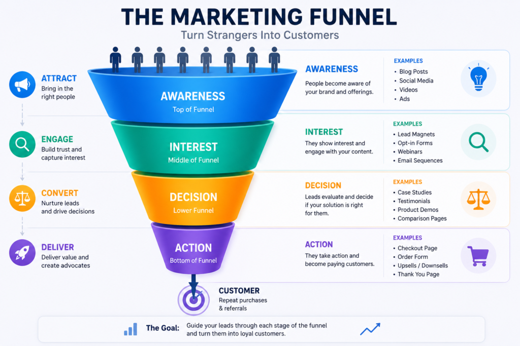 Illustration of a digital marketing funnel showing the four customer journey stages: Awareness, Interest, Decision, and Action, from top to bottom.