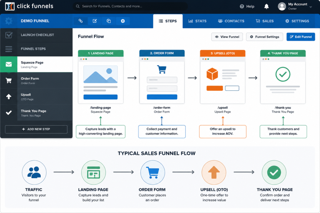Sales funnel builder example showing a funnel workflow from landing page to order form, upsell, and thank you page in a visual drag-and-drop editor.