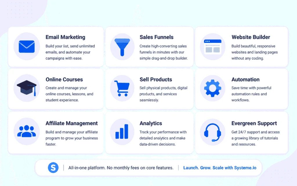 Systeme.io dashboard displaying funnel builder, email marketing, automation, and online course features.