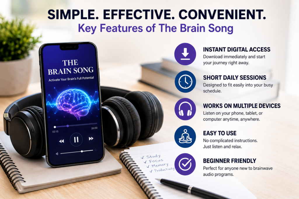 The Brain Song app displayed on a smartphone with headphones, highlighting its key features including instant digital access, daily listening sessions, multi-device compatibility, and beginner-friendly use.