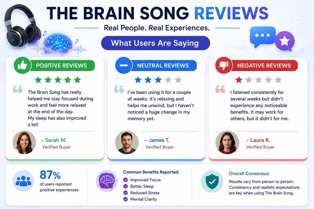The Brain Song Reviews infographic summarizing positive, neutral, and negative customer feedback along with commonly reported benefits and overall user experiences.