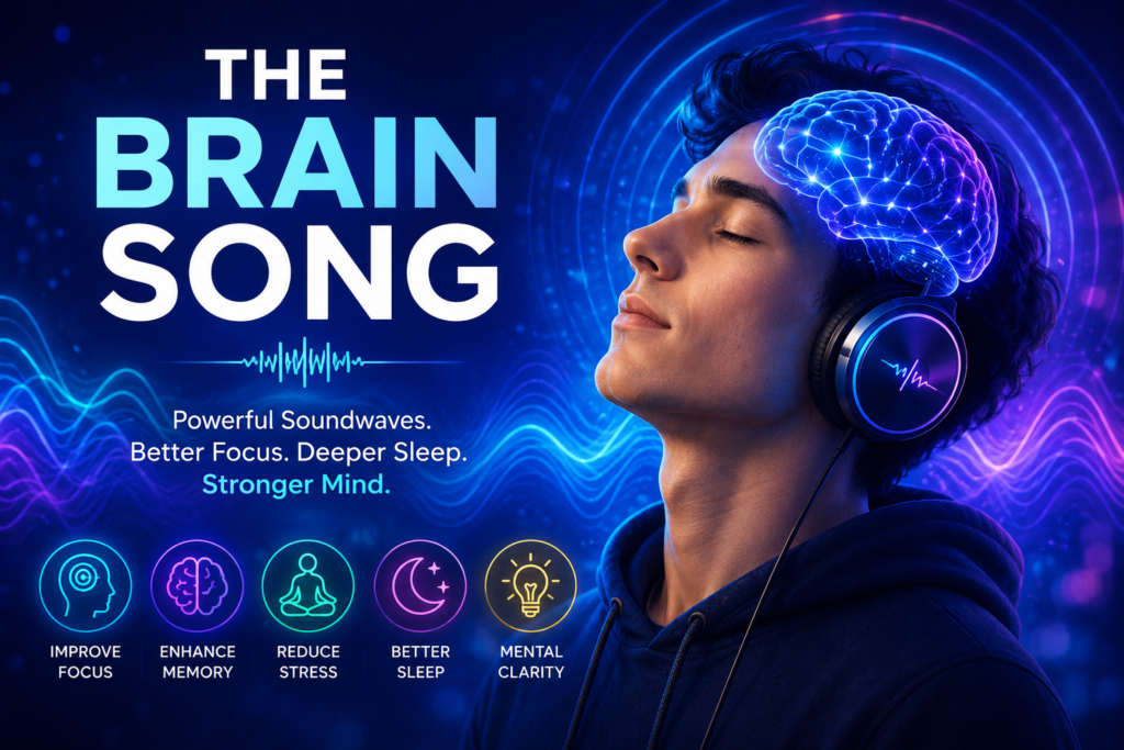 The Brain Song Reviews featured image showing a person wearing headphones with glowing brainwave graphics representing focus, memory, sleep, and mental clarity.