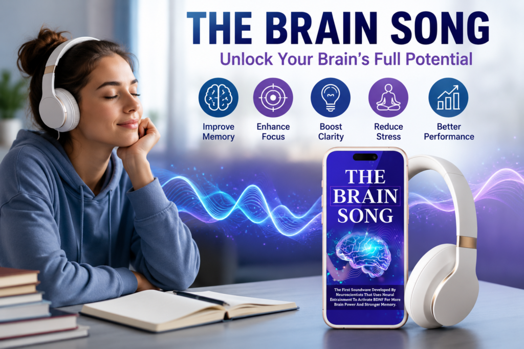The Brain Song Reviews (2026): Person listening to The Brain Song brainwave audio on headphones with smartphone app highlighting memory, focus, and cognitive enhancement benefits.