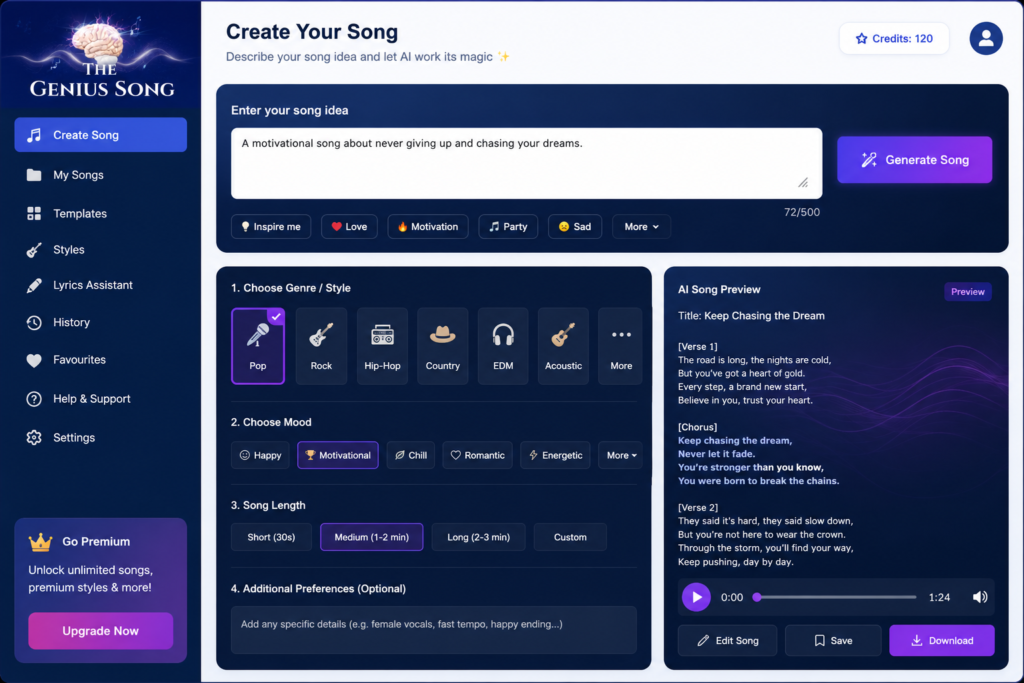 The Genius Song AI dashboard showing song generation, genre selection, lyric creation, and music preview interface