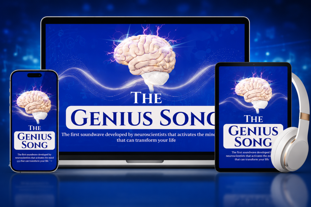 The Genius Song Reviews (2026) – AI-powered brainwave audio program displayed on laptop, tablet, smartphone, and headphones