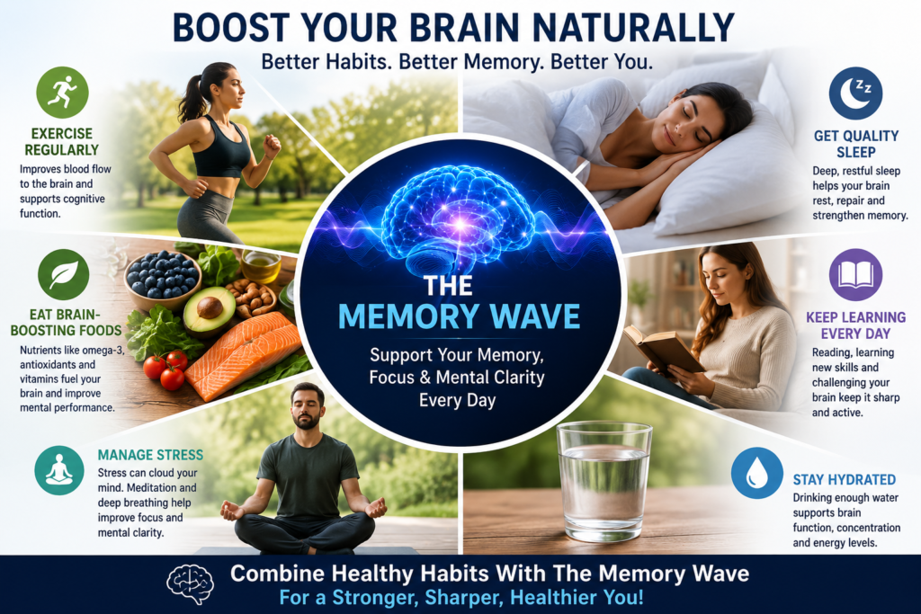 Healthy lifestyle habits including exercise, sleep, nutritious food, meditation, hydration, and reading to support memory, focus, and brain health alongside The Memory Wave program.