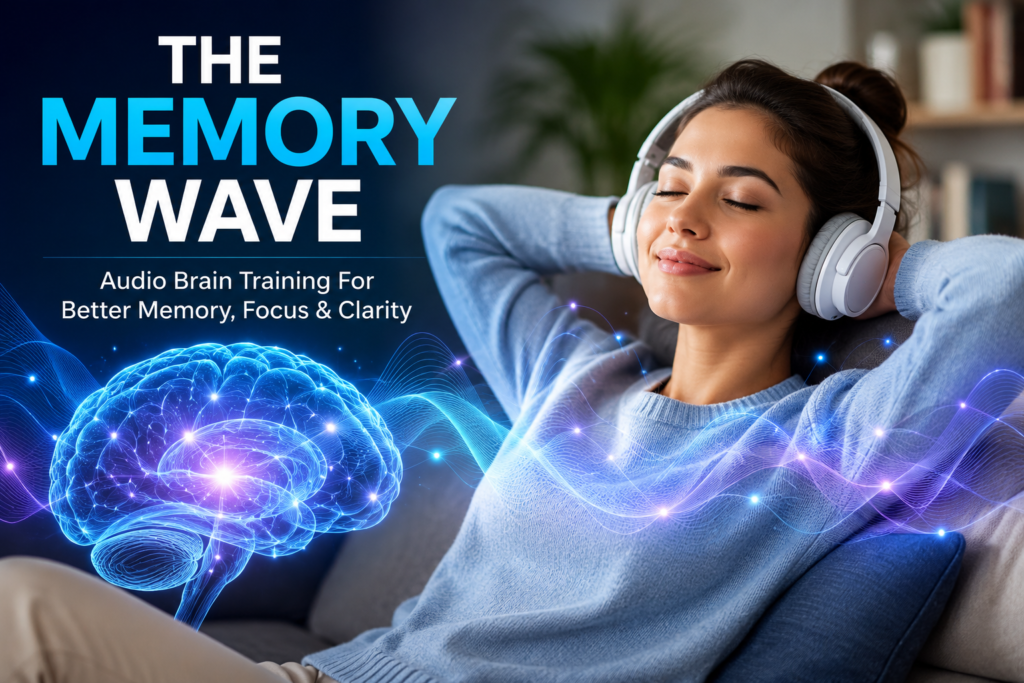 Person wearing headphones listening to The Memory Wave brain audio program designed to support memory, focus, and mental clarity.