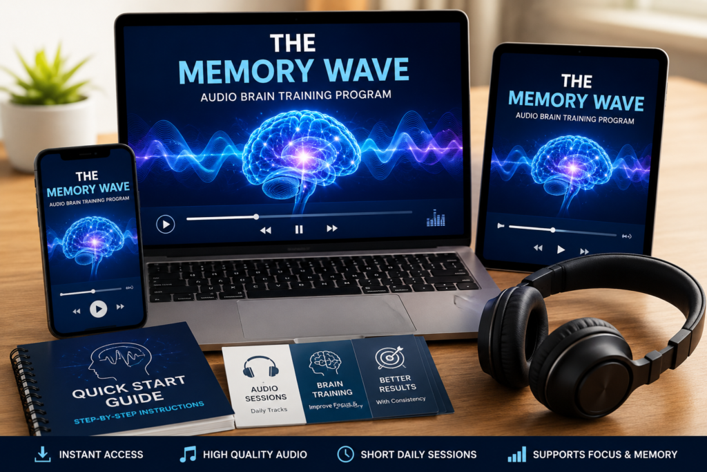 The Memory Wave members area displayed on a laptop, tablet, and smartphone with headphones, illustrating the audio brain training program for memory and focus.