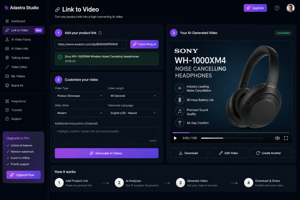 Adastra Studio AI link-to-video dashboard