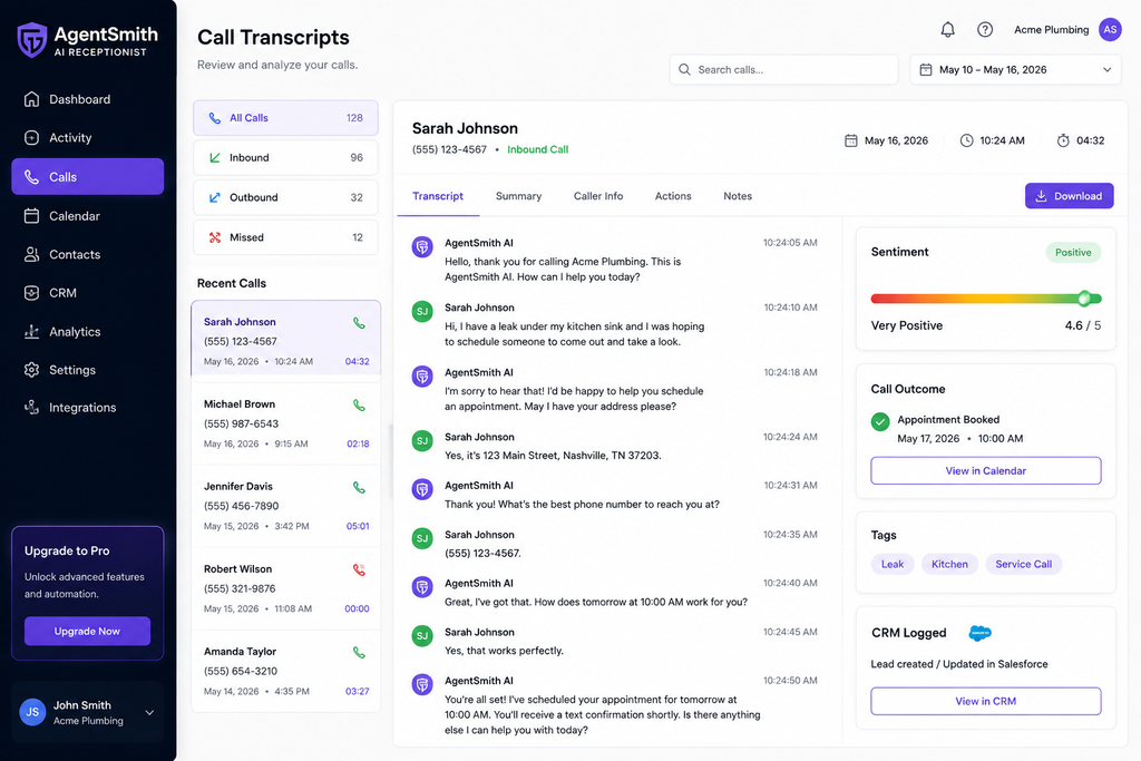 AgentSmith call transcripts and sentiment tracking.