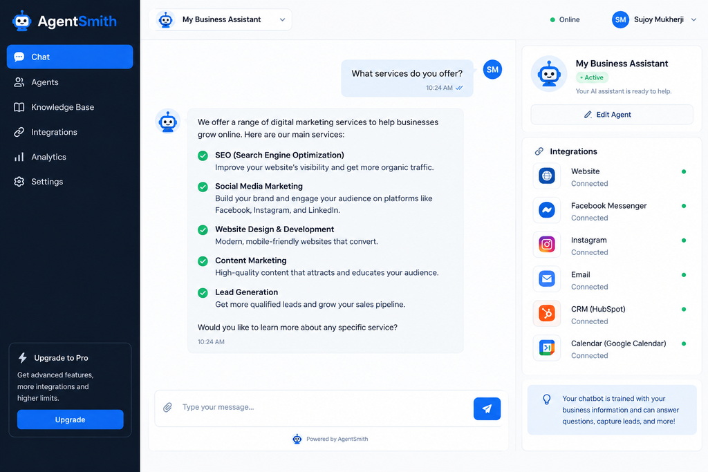 AgentSmith AI chatbot dashboard showing analytics, active agents, conversations, leads, and a website sales chat widget.