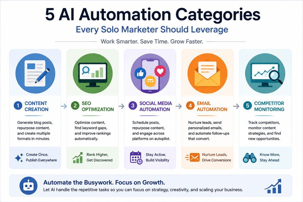 Five AI automation categories for solo marketers: content creation, SEO optimization, social media, email automation, and competitor monitoring.