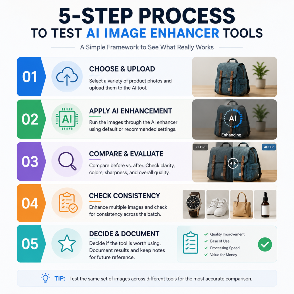 5-step process for testing AI image enhancer tools, from uploading product photos to comparing results, checking batch consistency, and evaluating overall performance.