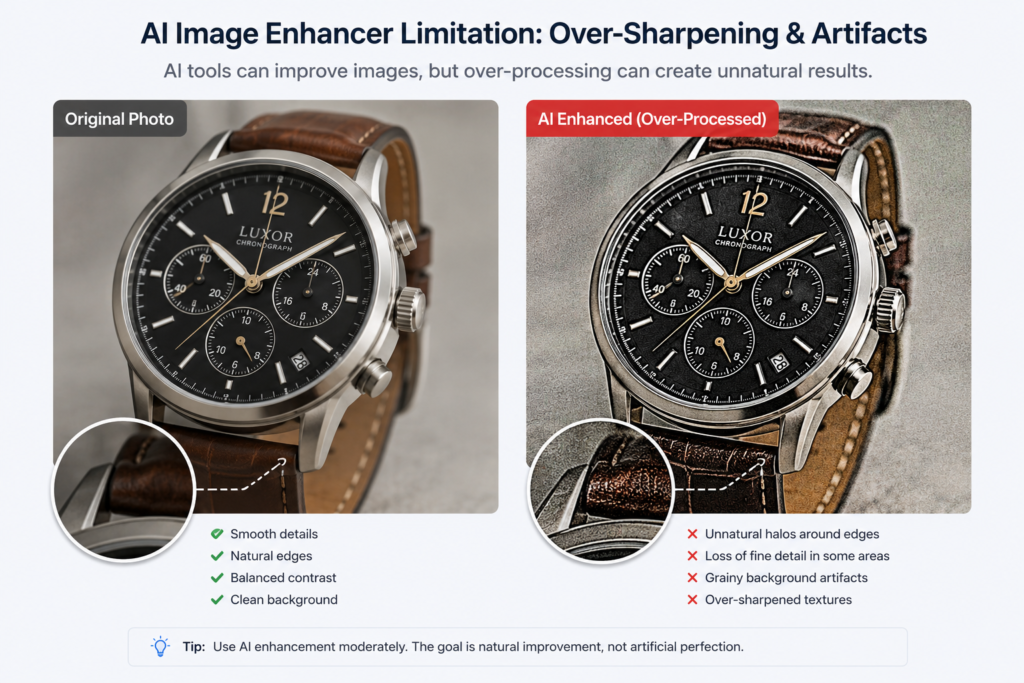 AI-enhanced product photo showing over-sharpening, unnatural halos, grainy artifacts, and lost fine detail compared with the original.