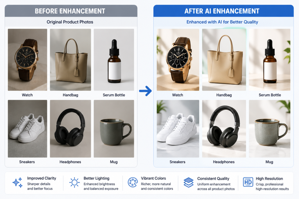 AI image enhancement comparison showing six product photos before and after enhancement for consistent quality, sharper details, improved lighting, and higher resolution.