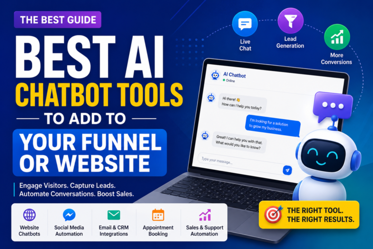 Best AI chatbot tools to add to your funnel or website, showing website chatbots, social media automation, email and CRM integrations, appointment booking, and sales support automation.
