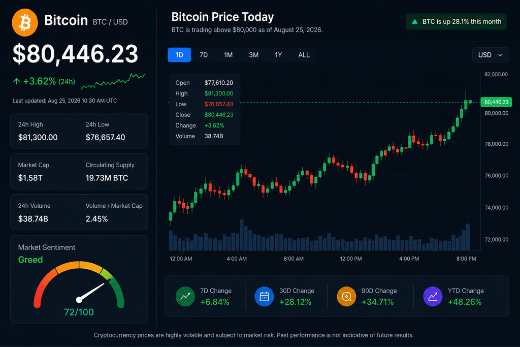 Bitcoin price today showing BTC above $80,000 in August 2026