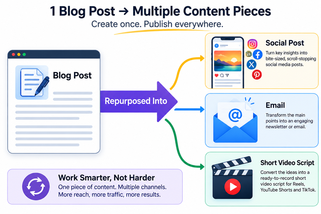 Content repurposing pipeline showing one blog post transformed into social posts, email content, and a short video script.