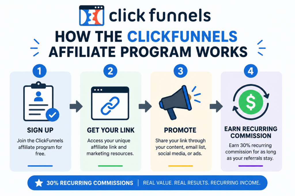 How the ClickFunnels Affiliate Program works: sign up, get your affiliate link, promote ClickFunnels, and earn recurring commissions.