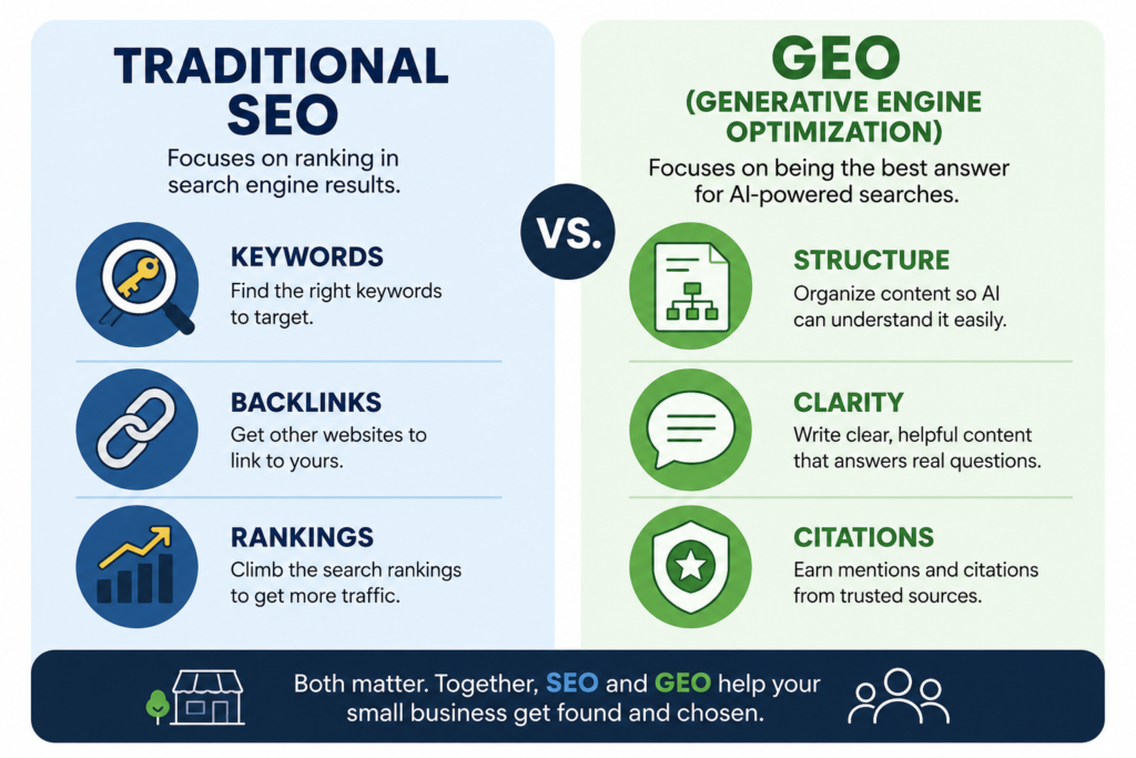 GEO for small business vs traditional SEO.