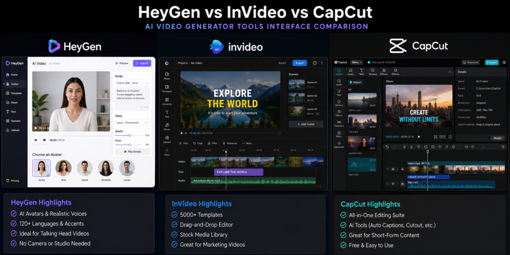HeyGen vs InVideo vs CapCut interface comparison.