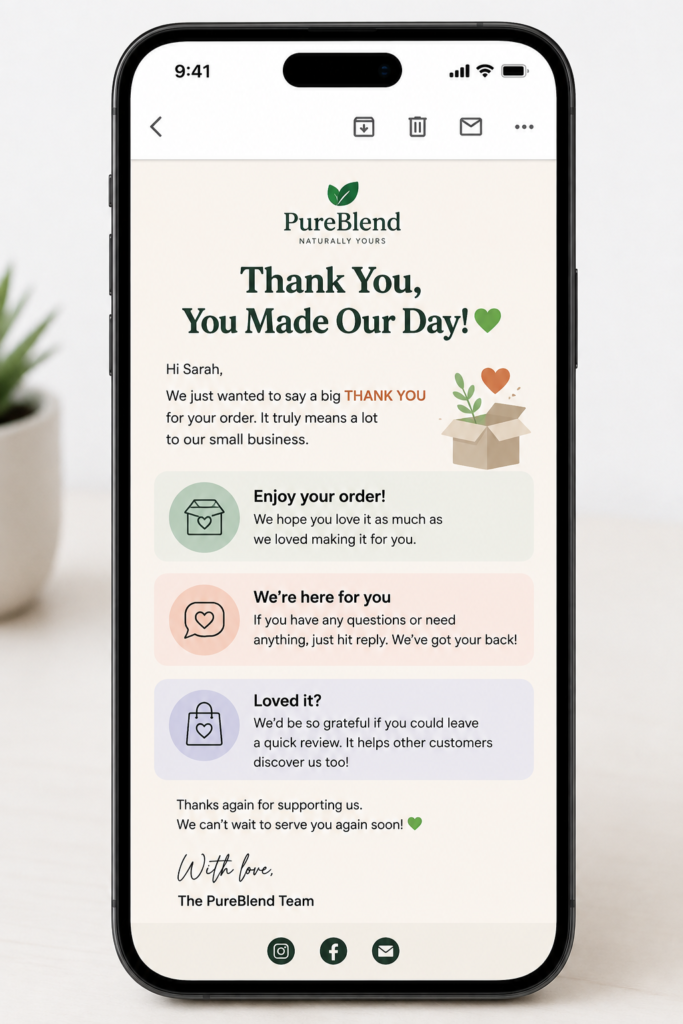 post-purchase follow-up message example.