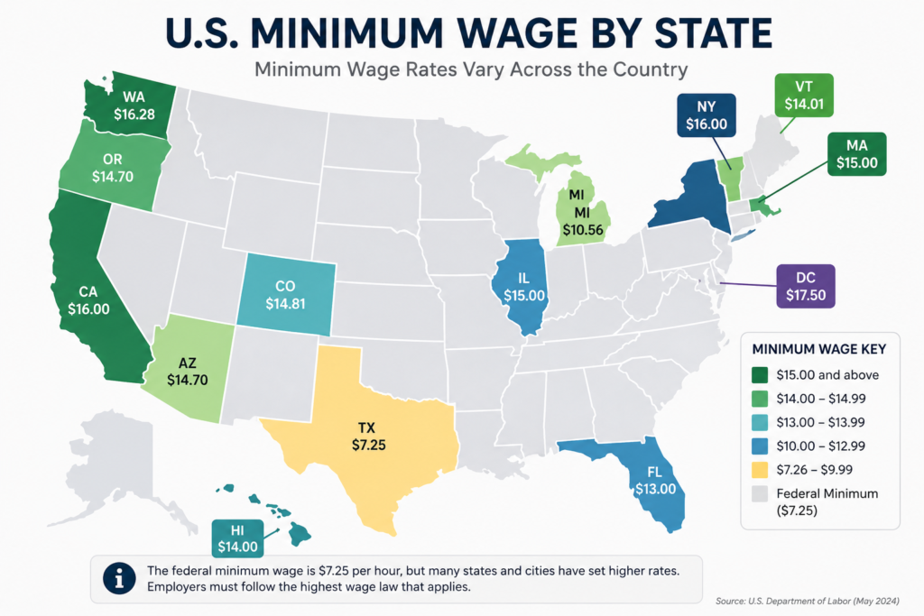 state minimum wage differences map small business