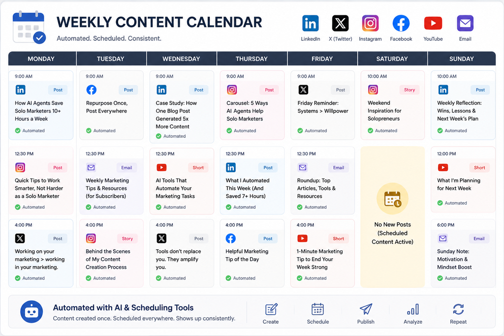 Weekly content calendar showing automated social media posts scheduled across multiple platforms.