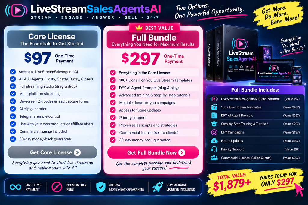 LiveStreamSalesAgentsAI pricing and bundle breakdown