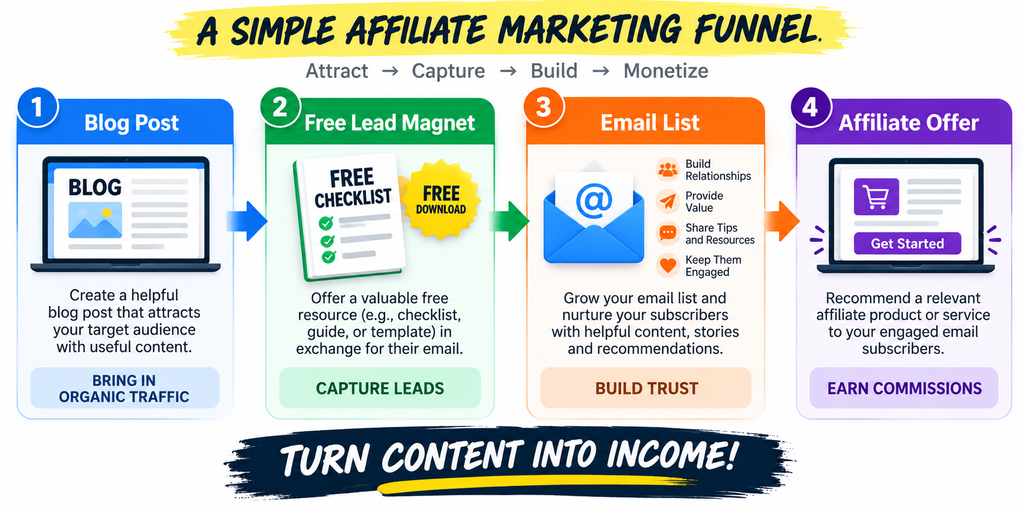 Affiliate marketing funnel showing blog post to free lead magnet to email list to affiliate offer