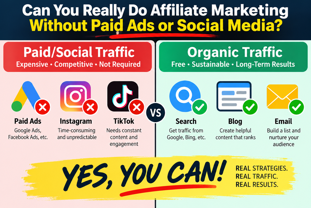 Affiliate marketing without paid ads or social media, comparing paid social traffic with organic traffic from search, blogging, and email.