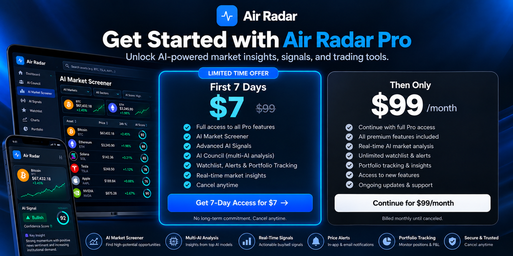 Air Radar Pro pricing: $7 for 7 days, then $99 per month until canceled
