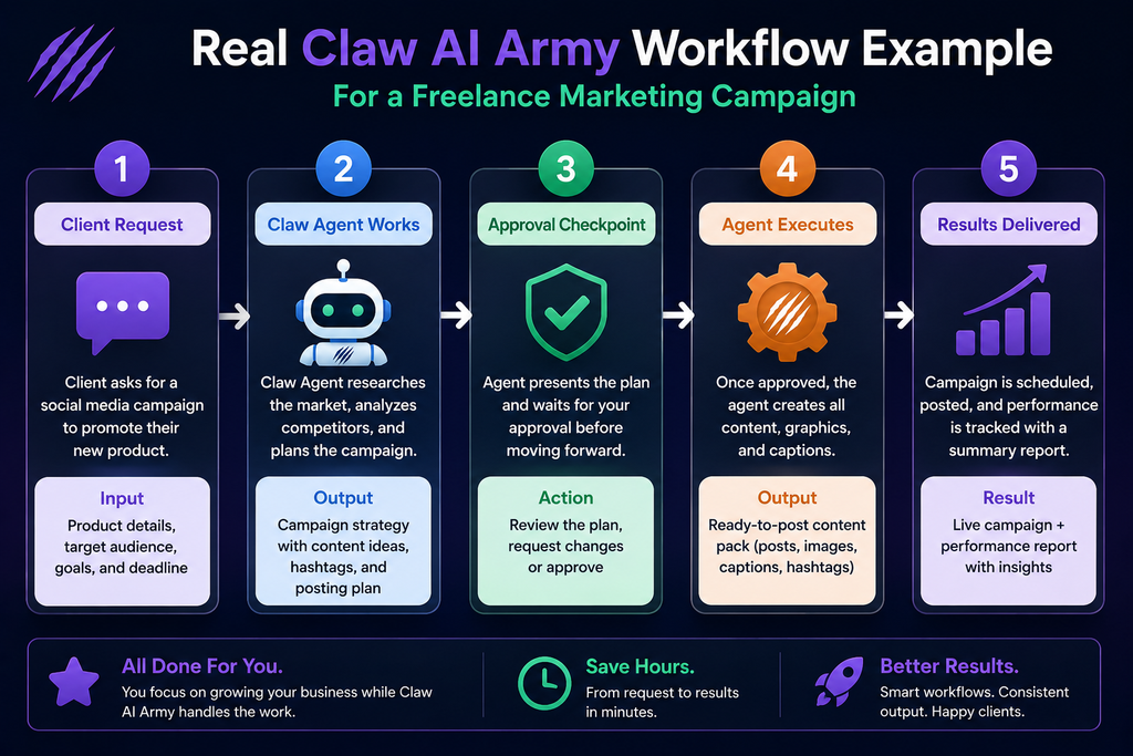 Real Claw AI Army workflow example for a freelance marketing campaign