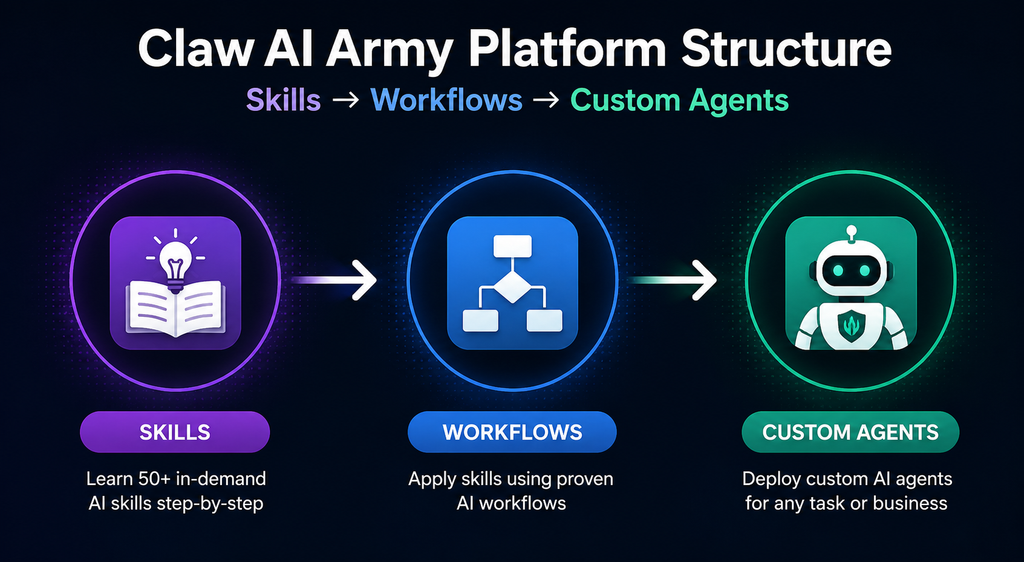 Claw AI Army platform structure — skills, workflows, and custom agents