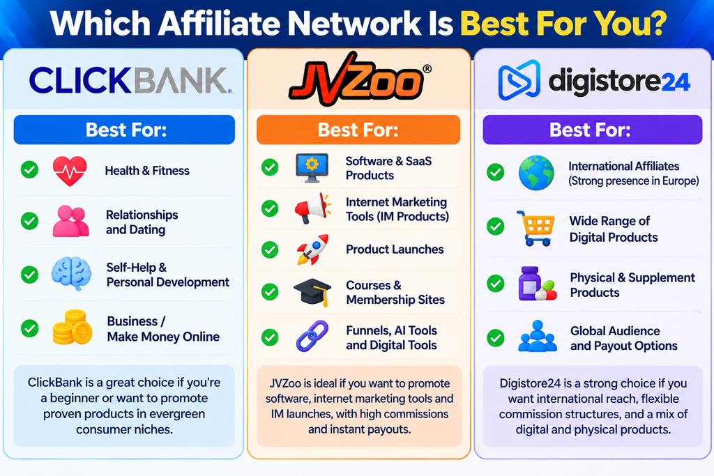 ClickBank vs JVZoo vs Digistore24 comparison showing the best affiliate network categories for health and fitness, software and internet marketing, and international digital and physical products.
