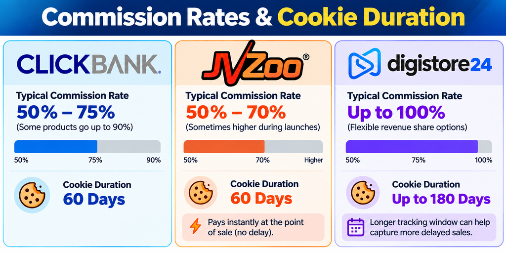 ClickBank vs JVZoo vs Digistore24 commission rates and cookie duration comparison, showing 50–75% and 60 days for ClickBank, 50–70% and 60 days for JVZoo, and up to 100% and 180 days for Digistore24.