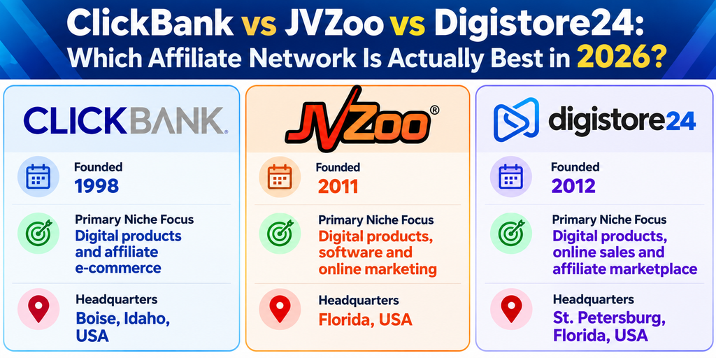 ClickBank vs JVZoo vs Digistore24 comparison showing each affiliate network's founding year, primary niche focus, and headquarters in 2026.