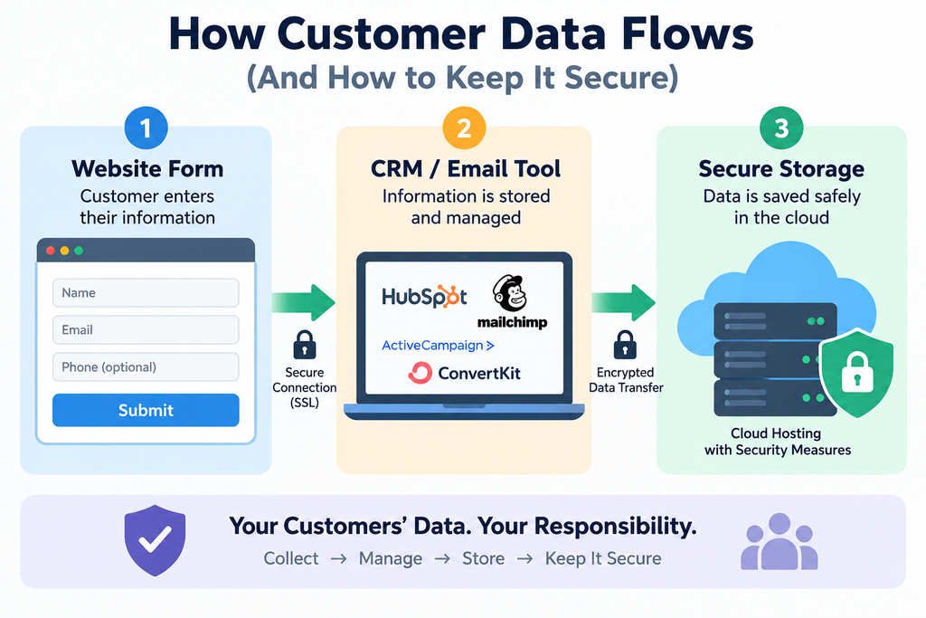 Simple diagram illustrating customer data flowing from a website form to a CRM or email tool and then to secure cloud storage, with encrypted transfers and security measures at each step.