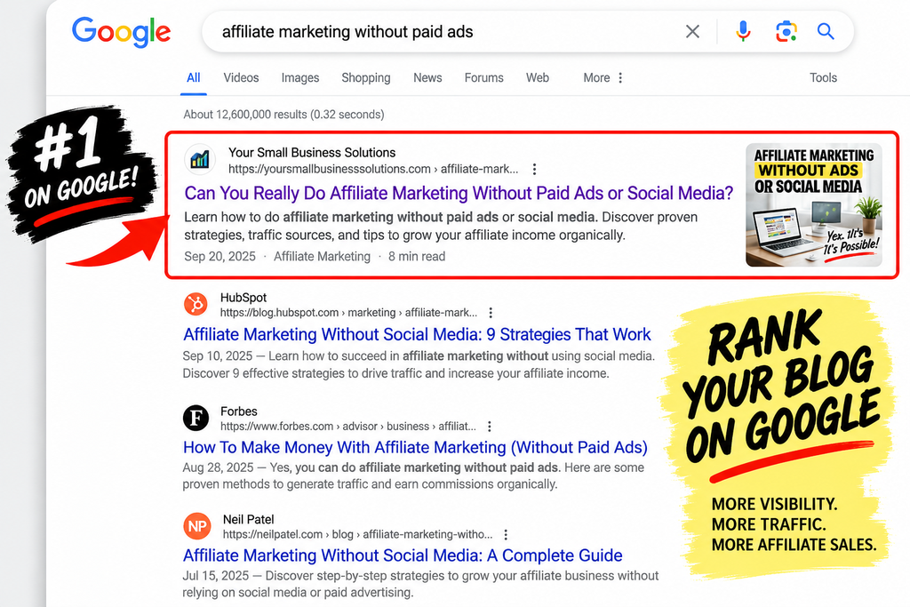 Google search results mockup showing an affiliate marketing blog post ranking at the top for “affiliate marketing without paid ads,” illustrating how blog SEO can drive organic traffic.