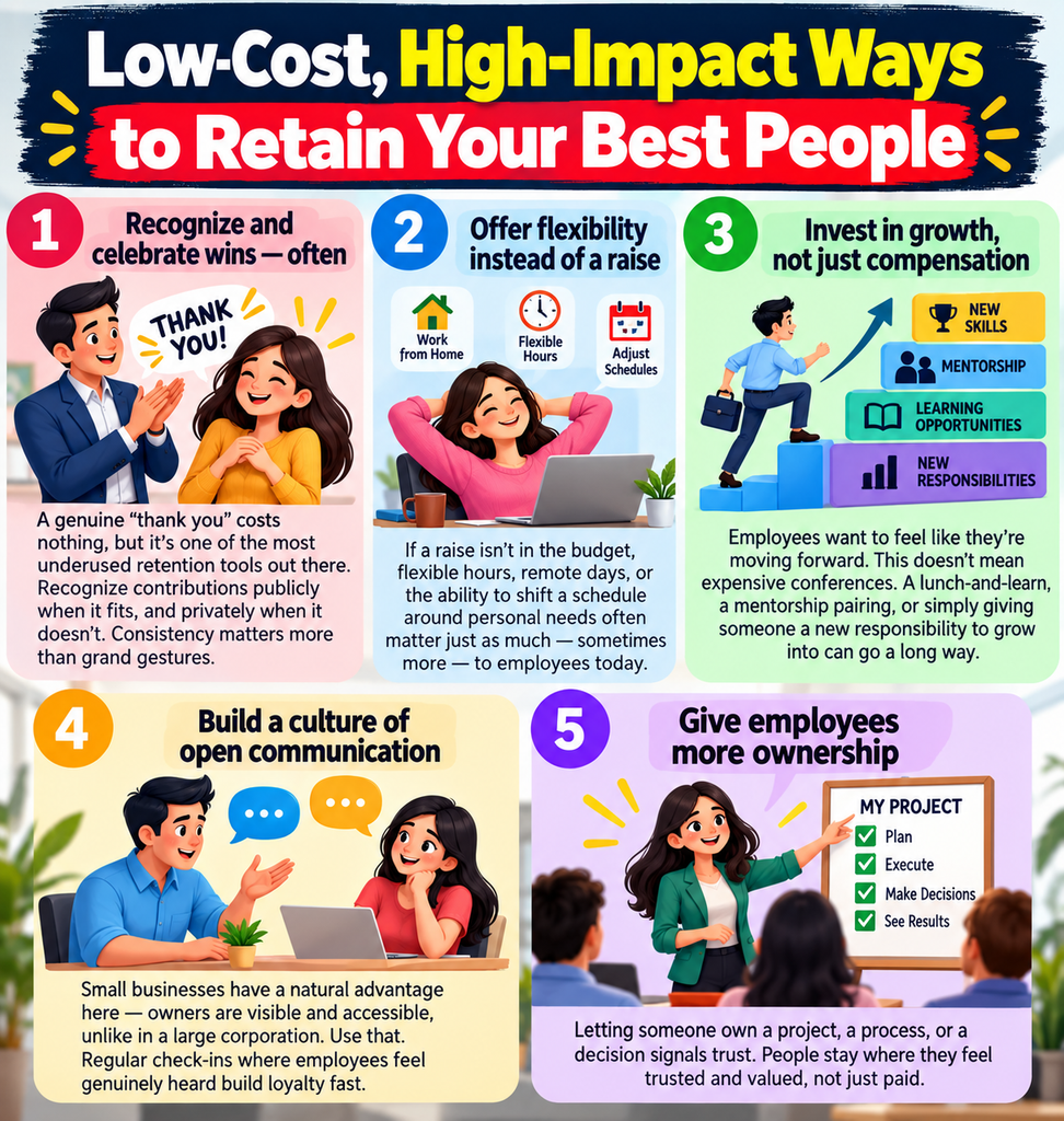 Five low-cost employee retention strategies: recognize wins, offer flexibility, invest in growth, build open communication, and give employees more ownership.