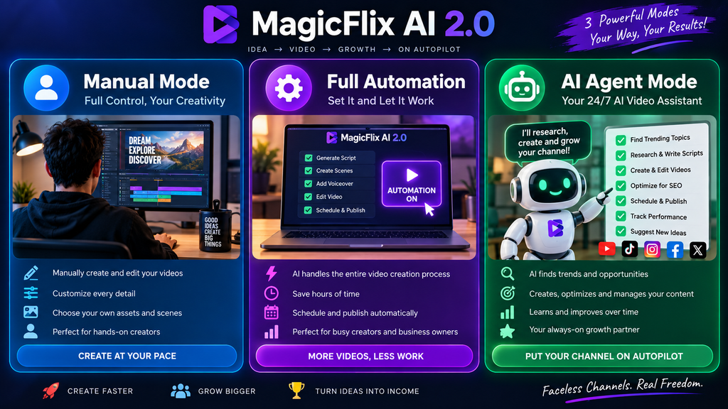 MagicFlix AI 2.0 Review — manual, automation, and AI Agent modes.