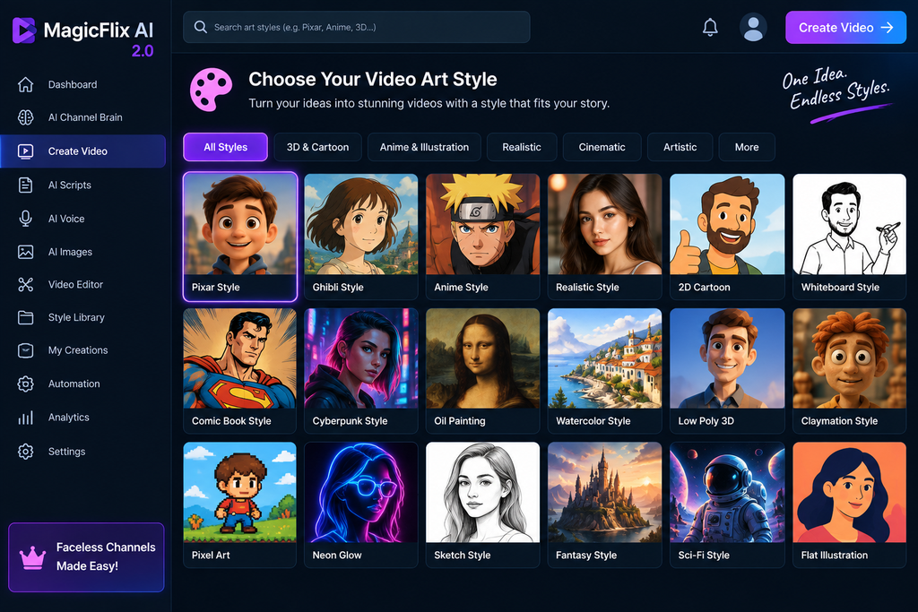 MagicFlix AI 2.0 Review — video art style options.
