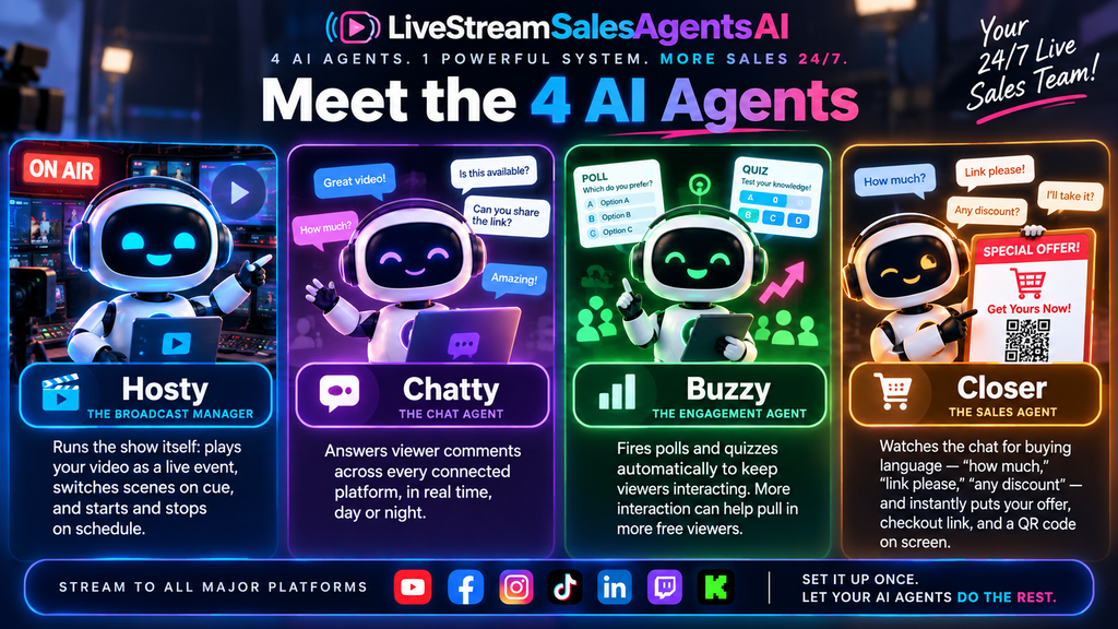 LiveStreamSalesAgentsAI 4 AI sales agents Hosty Chatty Buzzy Closer