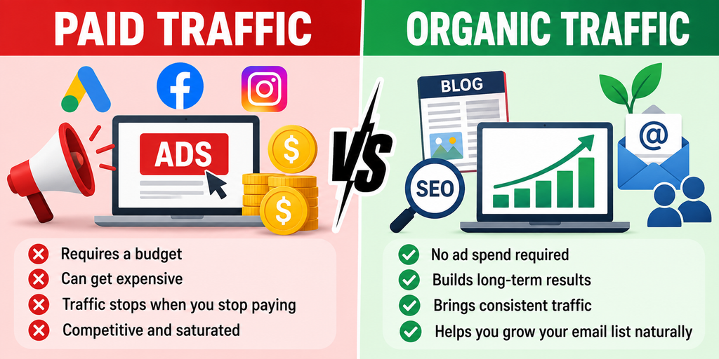 Paid traffic vs organic traffic comparison showing ads and ad spend on one side and SEO, blogging, and email list growth on the other