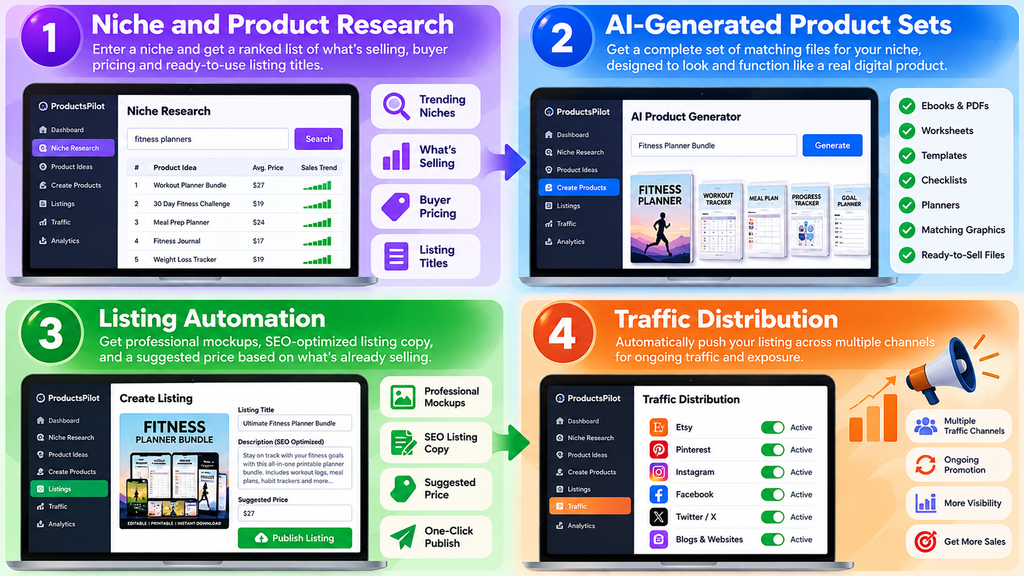 ProductsPilot 4-step workflow showing niche and product research, AI-generated product sets, listing automation, and traffic distribution