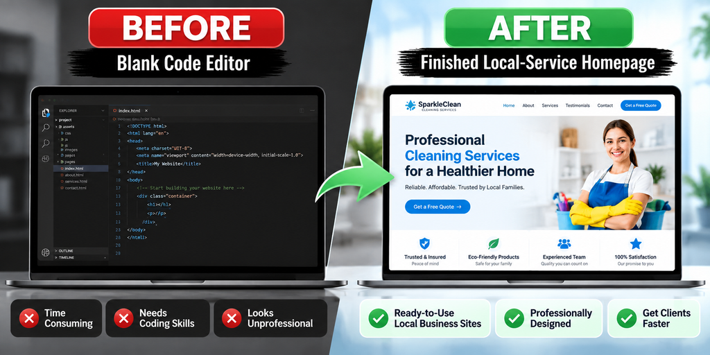 Before-and-after comparison showing a blank code editor transformed into a professionally designed local-service business website.