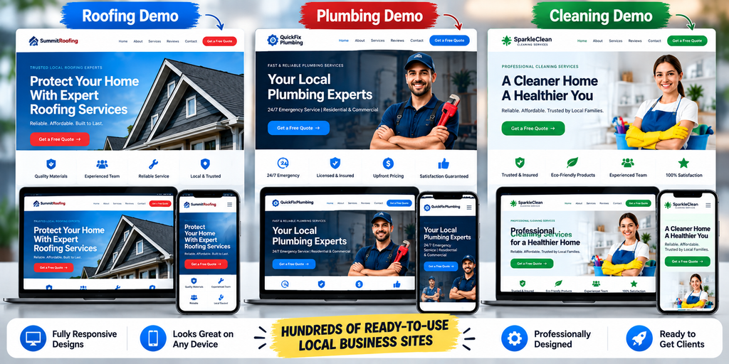 Ready Client Sites demo websites for roofing, plumbing, and cleaning businesses shown on desktop, laptop, and mobile devices